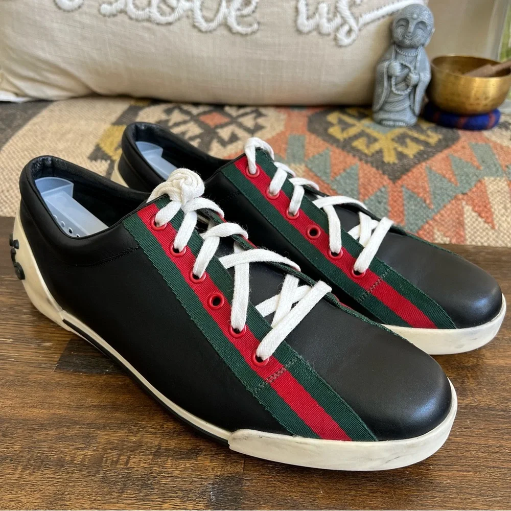 GUCCi Boulevard Black Leather Web Strap Detail Sneakers Gucci Sz 10/US10.5